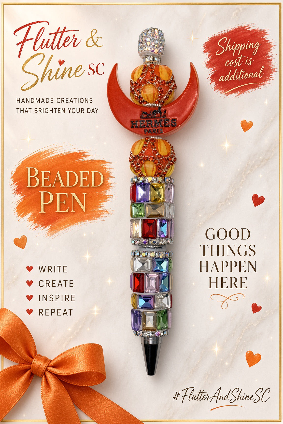 Flutter & Shine SC promotional display of an orange crescent beaded pen with orange-and-yellow beads and multicolor sparkling barrel details.