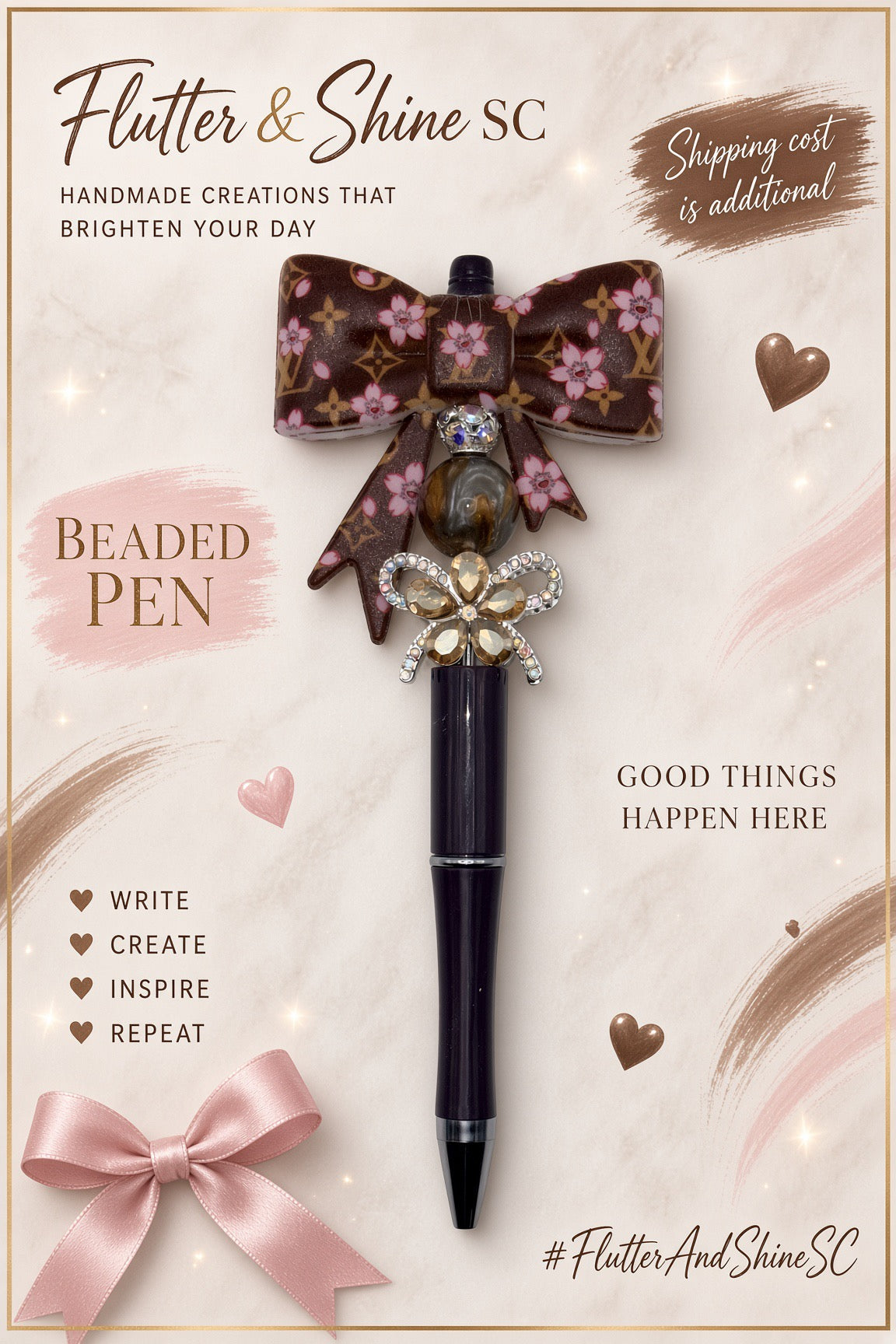 Brown and pink floral bow beaded pen with a gold-tone butterfly accent on a Flutter & Shine SC branded display background; background props are not included.