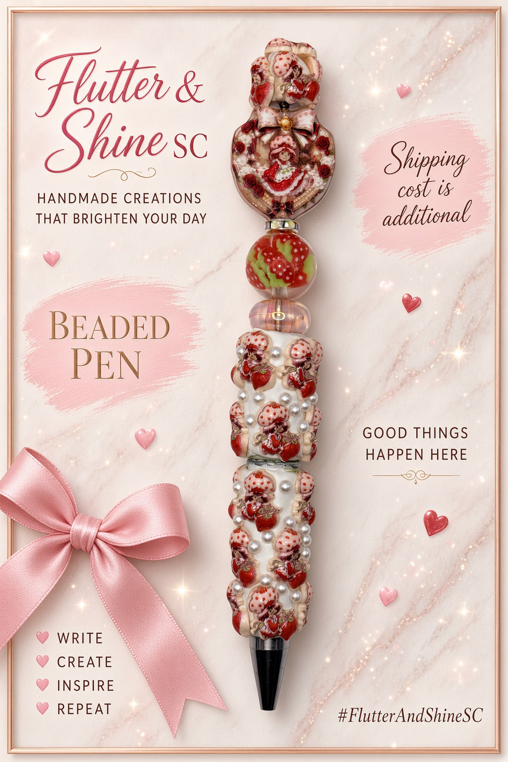 Pink, red, and white strawberry-themed beaded pen with a heart-shaped character accent, strawberry-patterned round bead, and pearl-look details on a Flutter & Shine SC display background.