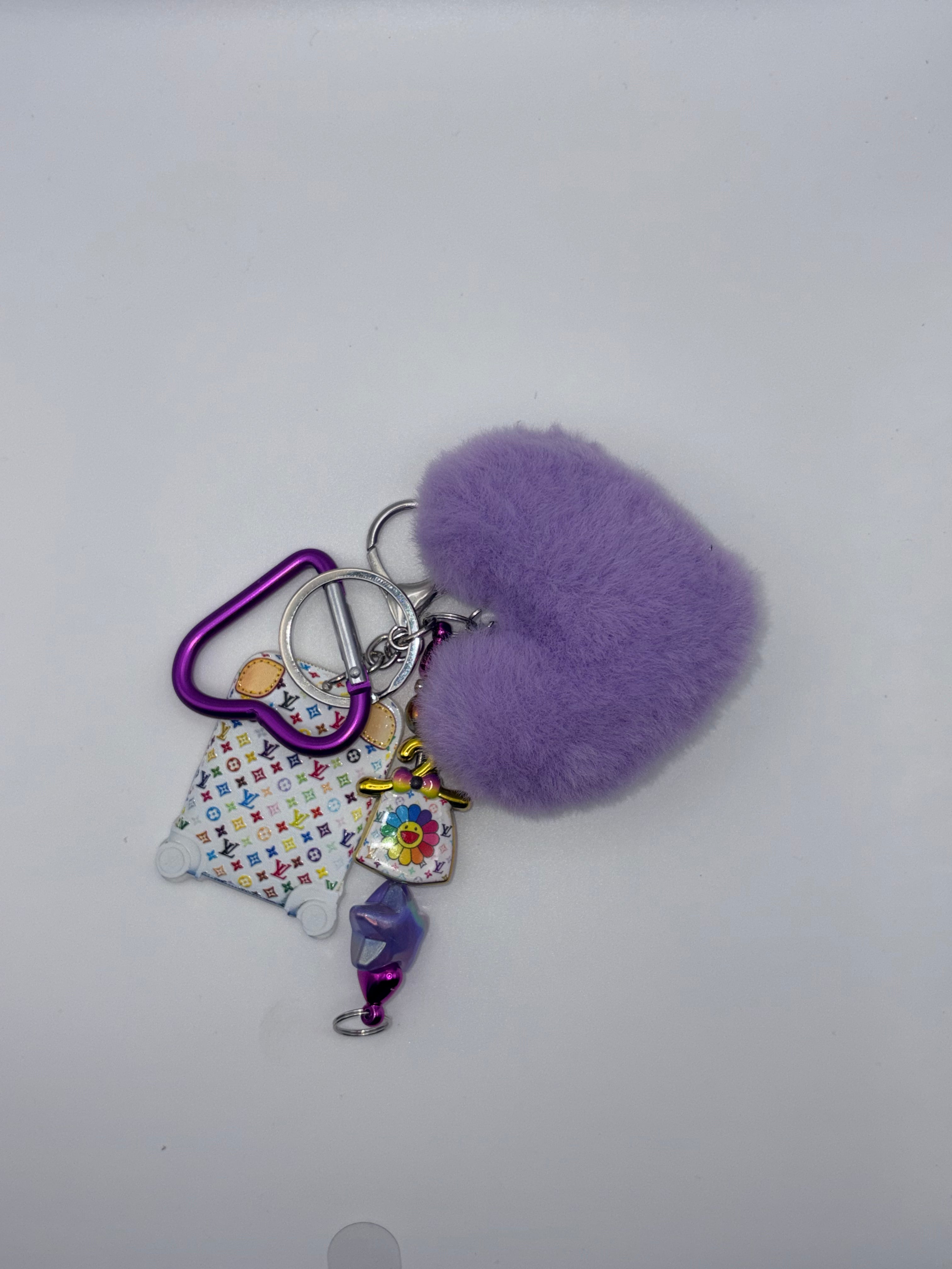 L.Vuitton-Themed Purple Heart Pom-Pom Keychain with Multicolor Charms