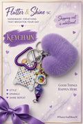 Purple keychain with a lavender fluffy heart charm, purple clip, silver-tone rings, white multicolor monogram-patterned charm, and flower-decorated beaded dangle.