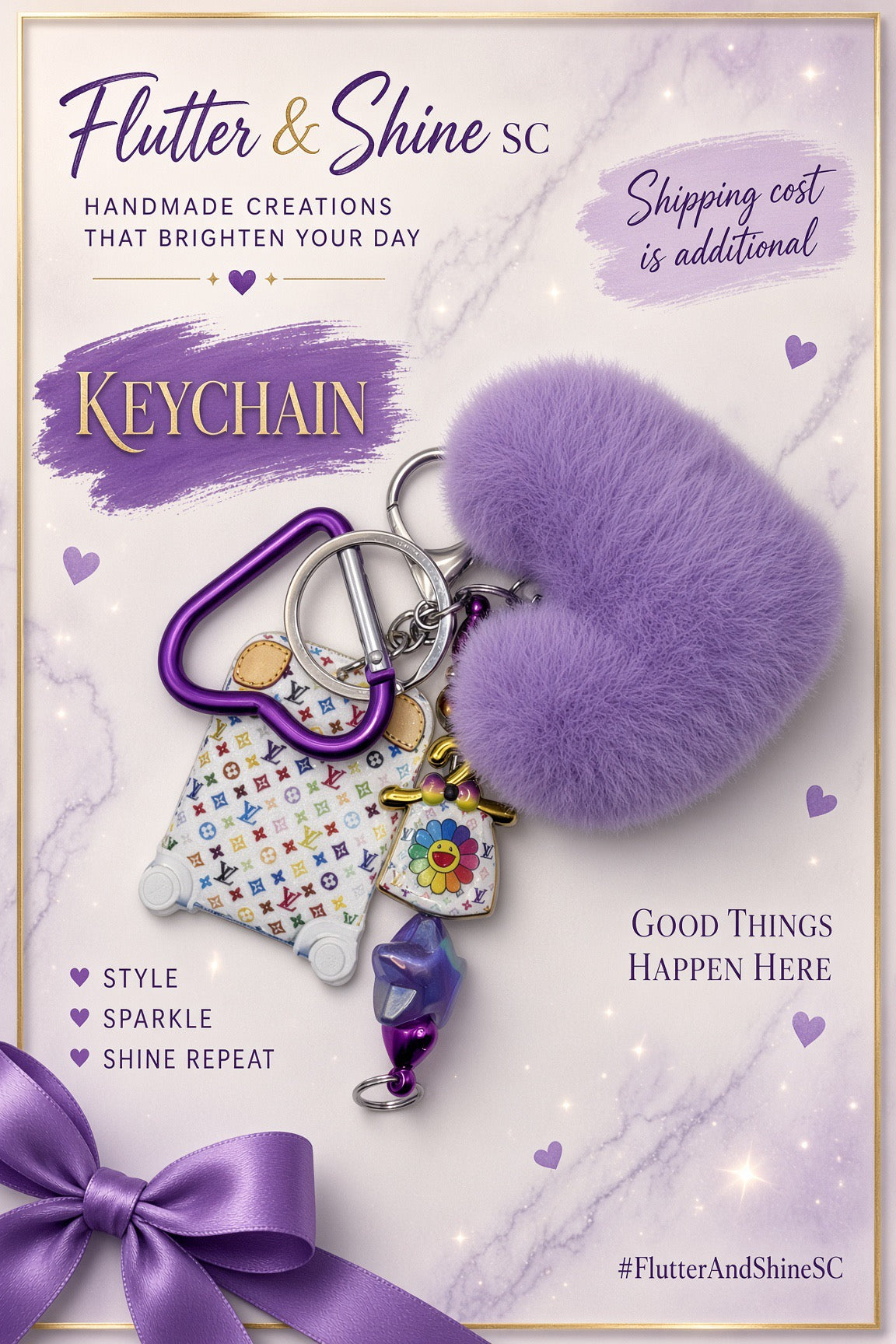 Purple keychain with a lavender fluffy heart charm, purple clip, silver-tone rings, white multicolor monogram-patterned charm, and flower-decorated beaded dangle.
