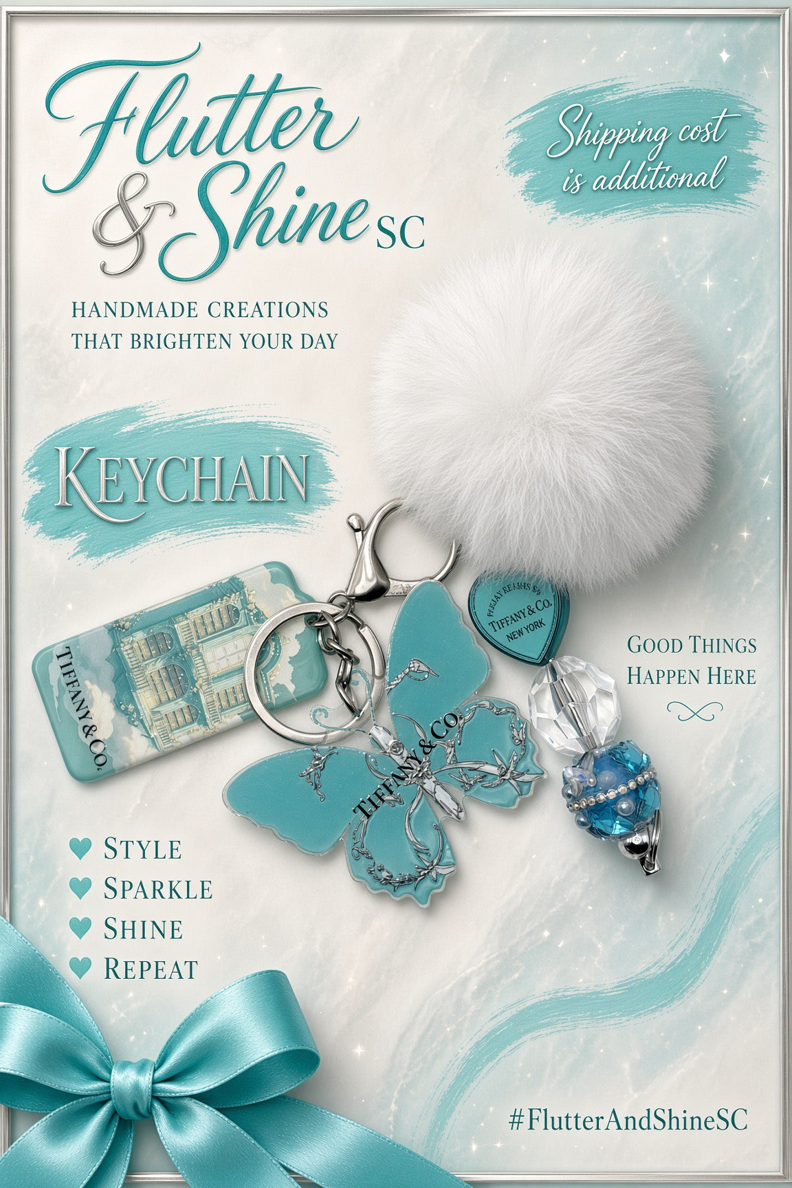 Aqua and white themed keychain with a butterfly charm bearing Tiffany & Co. lettering, white fluffy pom-pom, aqua heart accent, rectangular charm, and clear and aqua beads.