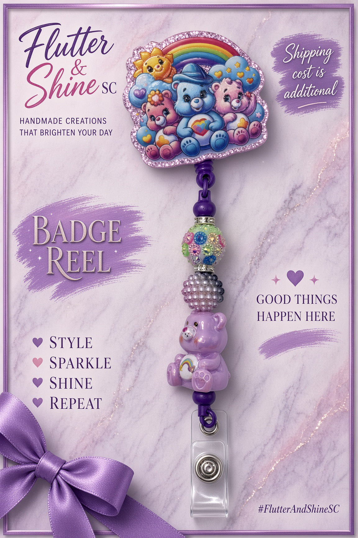 Care Bears themed badge reel with colorful bears beneath a rainbow, sparkling pink-purple border, multicolor and lavender beads, lavender bear-shaped bead, and clear snap badge strap.