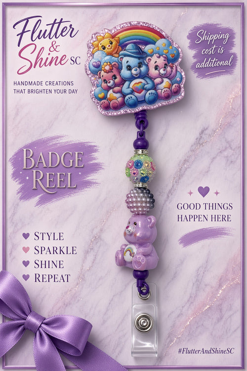 Care Bears themed badge reel with colorful bears beneath a rainbow, sparkling pink-purple border, multicolor and lavender beads, lavender bear-shaped bead, and clear snap badge strap.