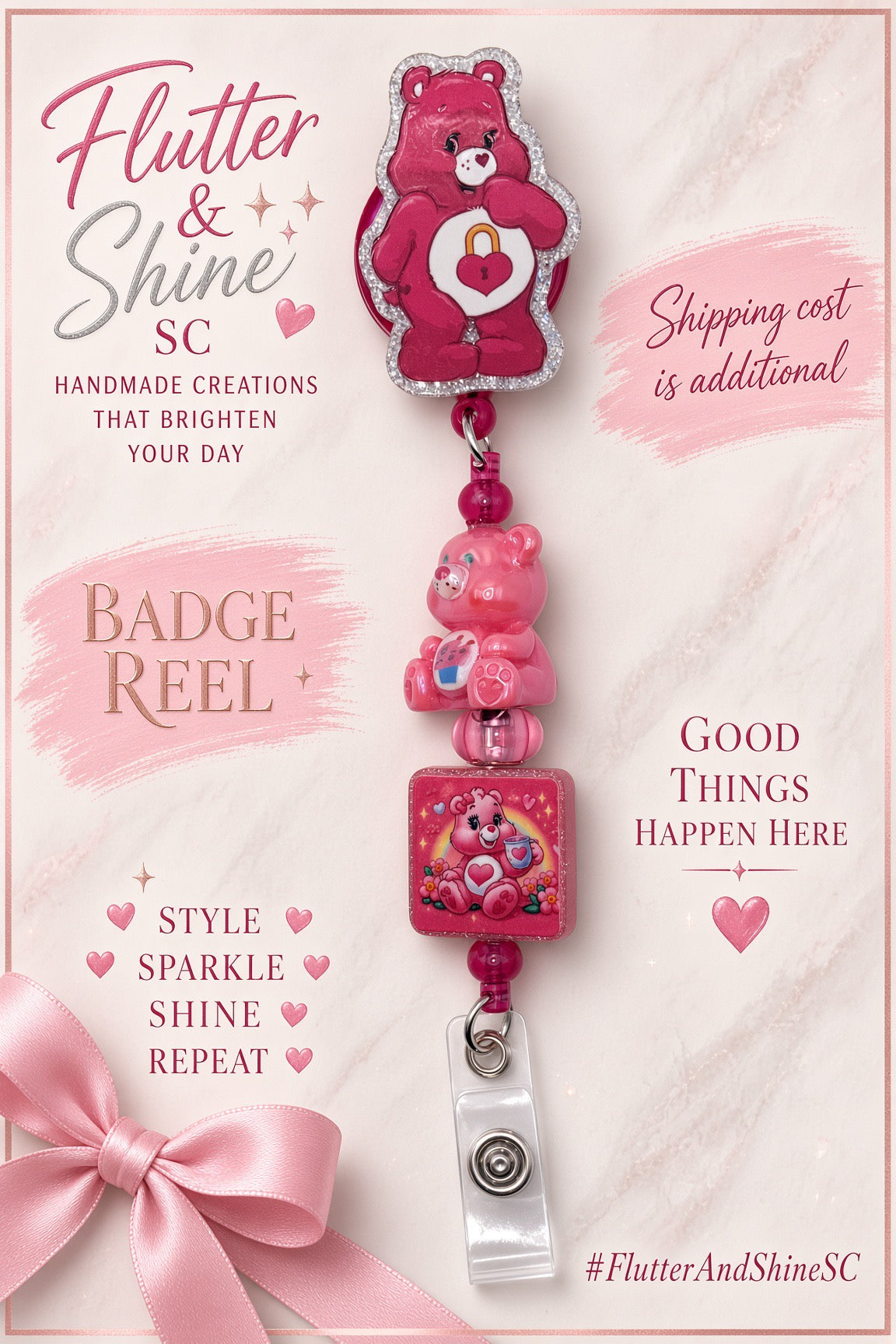 Pink Care Bears themed badge reel with heart-lock belly emblem, sparkling silver-tone border, pink bear-shaped bead, square bear illustration accent, and clear snap badge strap.