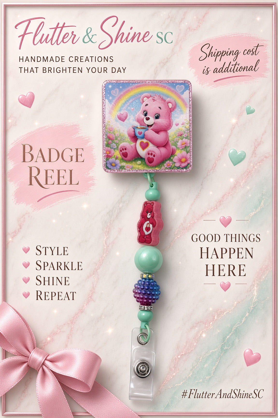 Care Bears themed badge reel with a square pink bear and rainbow illustration, mint beads, small pink bear accent, blue-purple-pink clustered bead, and clear snap badge strap.
