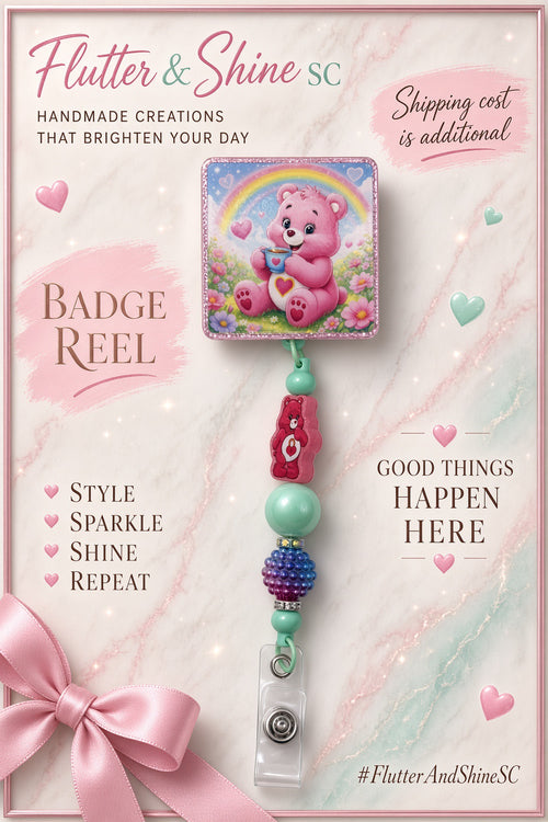 Care Bears themed badge reel with a square pink bear and rainbow illustration, mint beads, small pink bear accent, blue-purple-pink clustered bead, and clear snap badge strap.