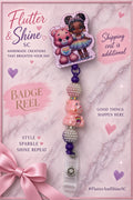 Care Bears themed badge reel featuring a pink rainbow-heart bear beside a girl in a rainbow skirt, sparkling border, pink bear-shaped bead, clustered beads, purple accents, and clear snap strap.