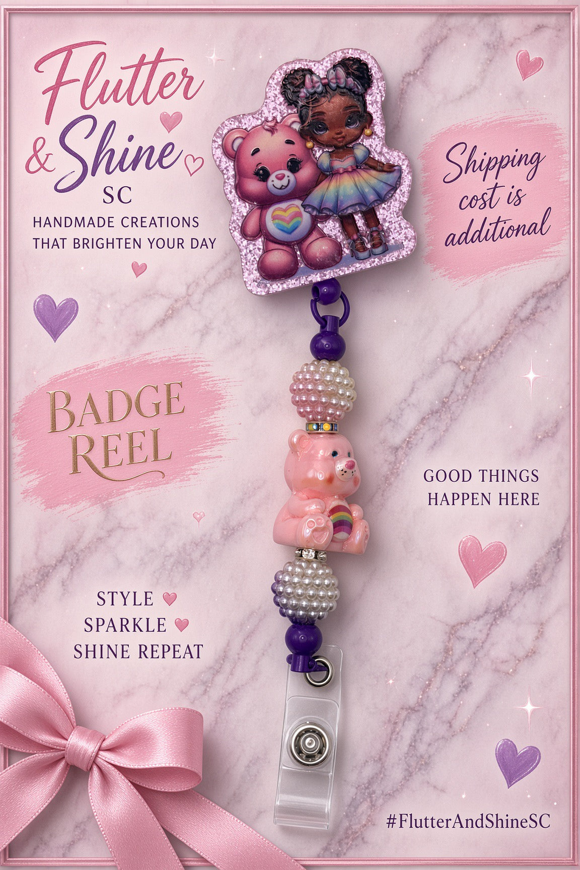 Care Bears themed badge reel featuring a pink rainbow-heart bear beside a girl in a rainbow skirt, sparkling border, pink bear-shaped bead, clustered beads, purple accents, and clear snap strap.