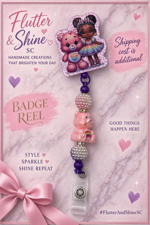 Care Bears themed badge reel featuring a pink rainbow-heart bear beside a girl in a rainbow skirt, sparkling border, pink bear-shaped bead, clustered beads, purple accents, and clear snap strap.