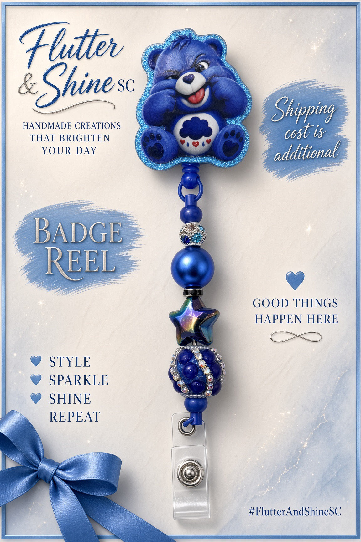 Grumpy Bear themed blue badge reel with rain-cloud belly emblem, sparkling blue border, blue round bead, iridescent star bead, dark blue clustered accent, and clear snap badge strap.