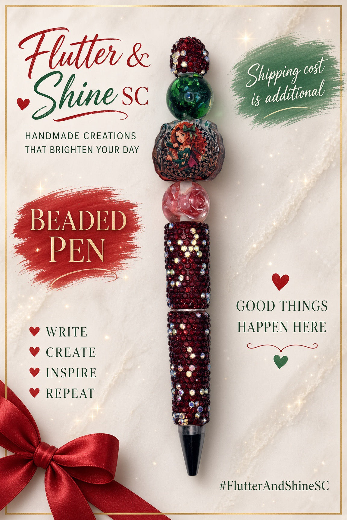 Merida Themed Beaded Bling Pen – Burgundy, Green & Pink