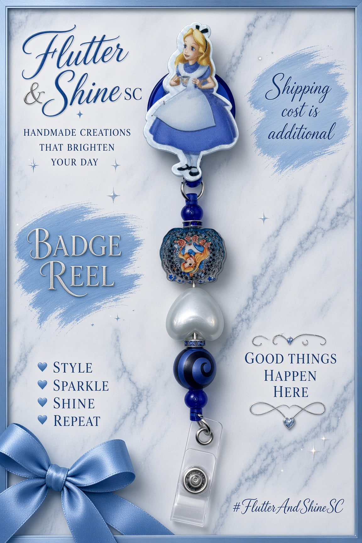 Alice in Wonderland themed badge reel with Alice topper, decorative character bead, white heart bead, blue-and-black swirl bead, small blue beads, and clear snap strap.