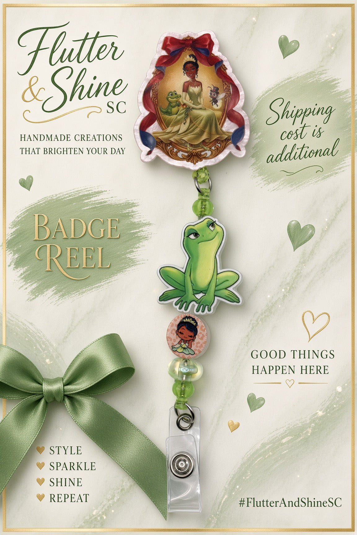 Tiana themed badge reel with framed character topper, large green frog accent, pink Tiana bead, green and pale accent beads, and clear snap strap.