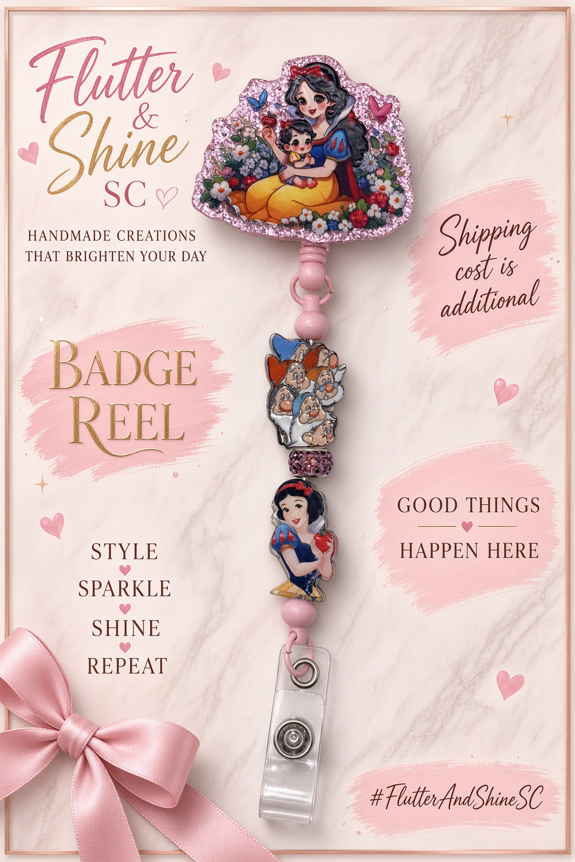 Snow White themed badge reel with pink-bordered floral character topper, dwarf character accent, Snow White holding an apple, pink bead details, and clear snap strap.