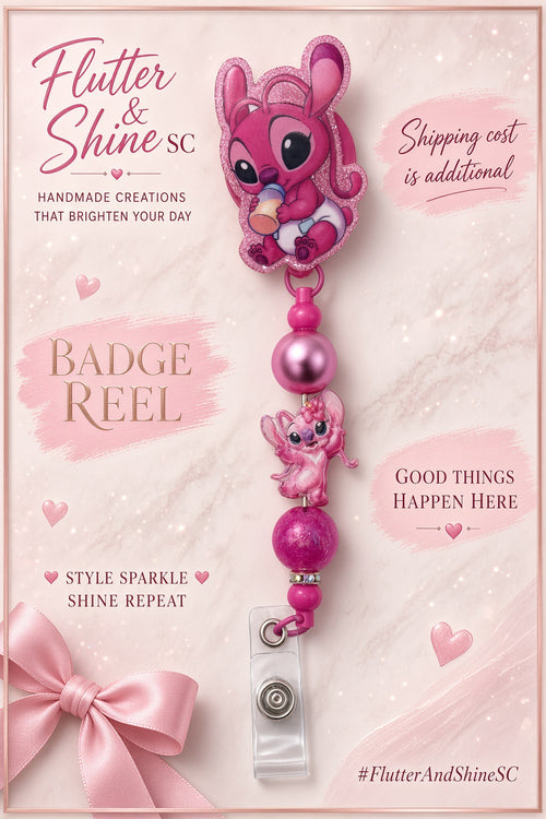 Angel themed pink badge reel with baby character topper holding a bottle, smaller Angel accent, shiny pink and textured bright pink beads, and clear snap strap.