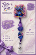 Stitch themed badge reel with rainbow-detail character topper, pink sparkling border, purple round bead, sparkling purple heart bead, smaller blue Stitch accent, and clear snap strap.