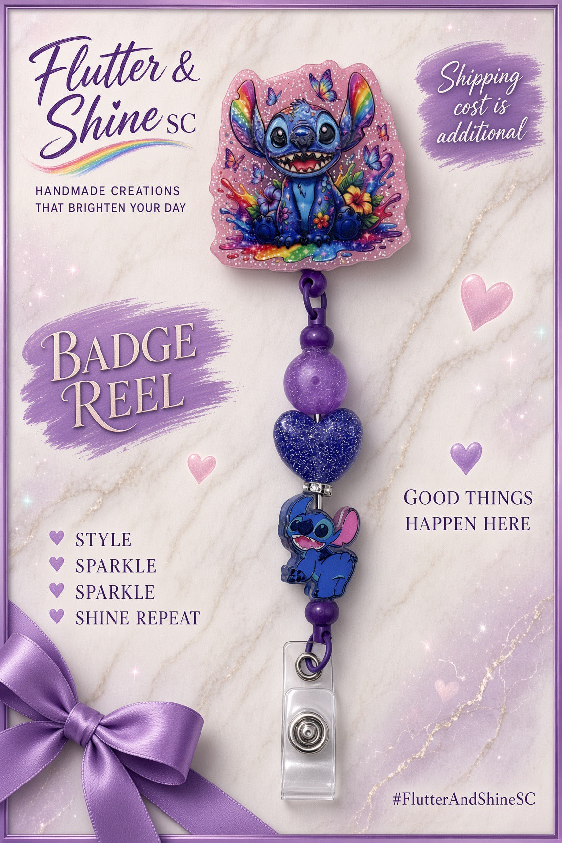 Stitch themed badge reel with rainbow-detail character topper, pink sparkling border, purple round bead, sparkling purple heart bead, smaller blue Stitch accent, and clear snap strap.
