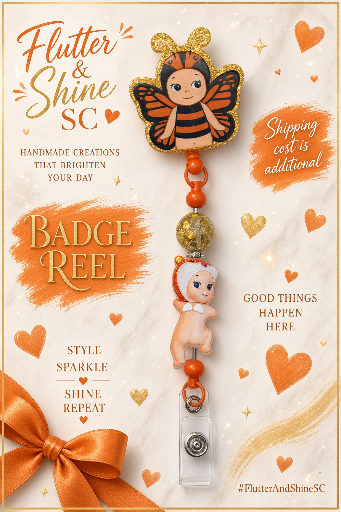 Sonny Angel–inspired badge reel with an orange-and-black butterfly topper, gold glitter edging, orange beads, dangling character charm, and clear badge strap.