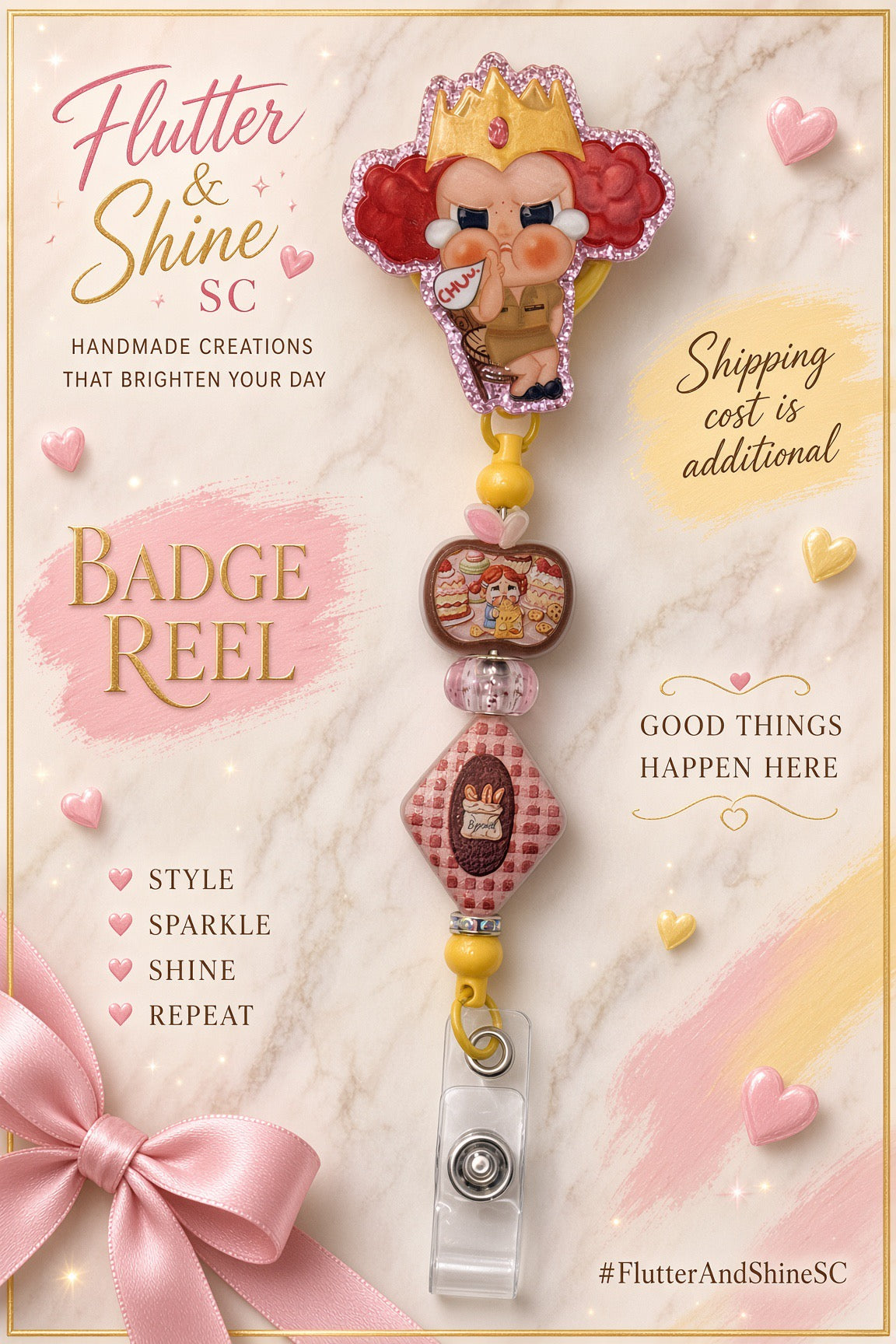 Crybaby-inspired badge reel featuring a crowned red-haired character topper with pink glitter edging, pink decorative beads, yellow accents, and a clear snap badge strap.