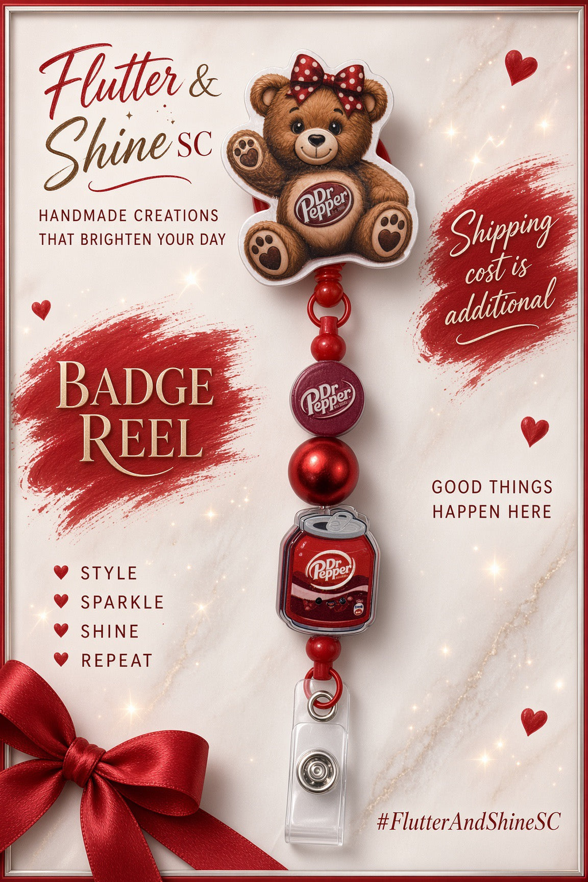 Dr Pepper–inspired badge reel with a brown teddy bear topper, red polka-dot bow, red beads, round logo bead, soda-can-shaped accent, and clear snap badge strap.
