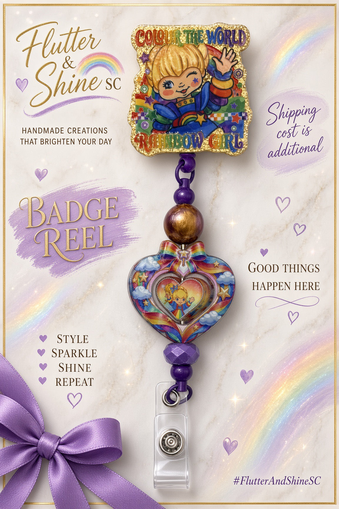Rainbow Brite Themed badge reel with gold-glitter character topper, purple and gold-toned beads, rainbow heart charm, and clear snap badge strap.