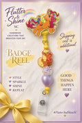 My Little Pony Themed badge reel with orange rainbow-maned winged unicorn topper, gold-glitter border, yellow accents, orange pony charm, clear patterned bead, lavender heart bead, and clear badge strap.