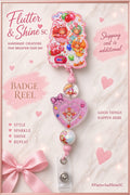 Strawberry Shortcake Themed pink badge reel with character-and-balloon topper, pink glitter border, decorative pink heart, character beads, and clear snap badge strap.