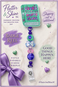 Mint-green Books Are My Happy Place book-shaped badge reel with purple and pink lettering, mint and purple beads, pale-blue bow accent, pink faceted bead, and clear snap badge strap.