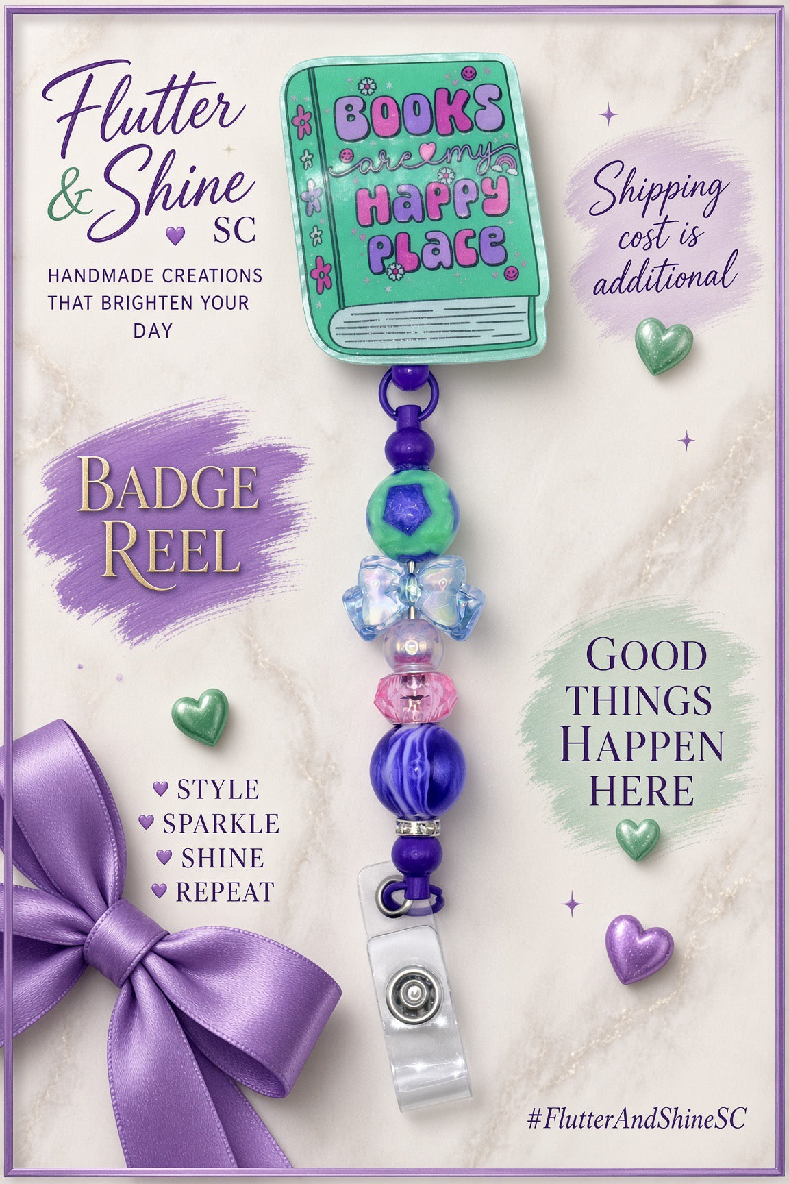 Mint-green Books Are My Happy Place book-shaped badge reel with purple and pink lettering, mint and purple beads, pale-blue bow accent, pink faceted bead, and clear snap badge strap.