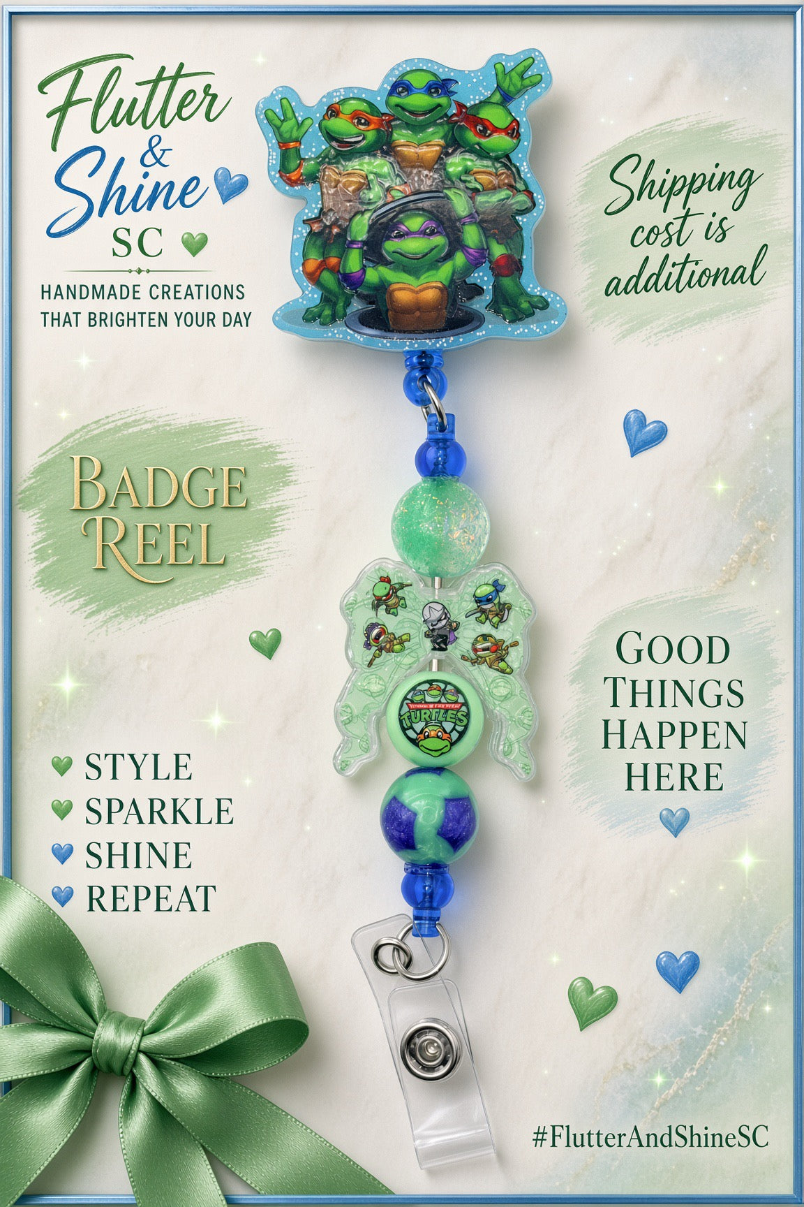 Teenage Mutant Ninja Turtles Themed badge reel with four-turtle topper, light-blue glitter border, pale-green character accent, green and purple beads, blue accents, and clear snap badge strap.