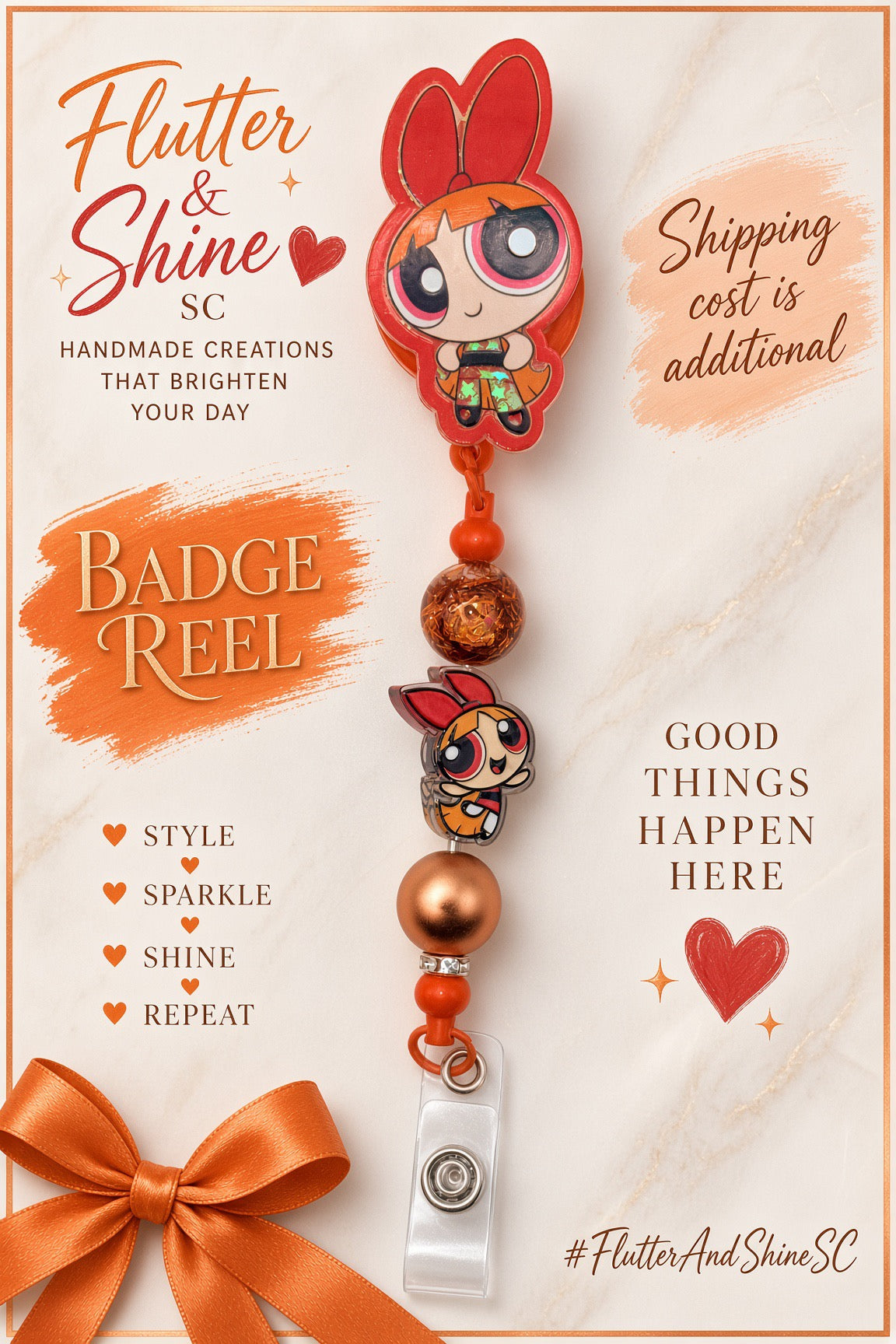 Blossom Themed badge reel with red-bow character topper, smaller Blossom accent, orange textured bead, copper-toned bead, orange accents, and clear snap badge strap.