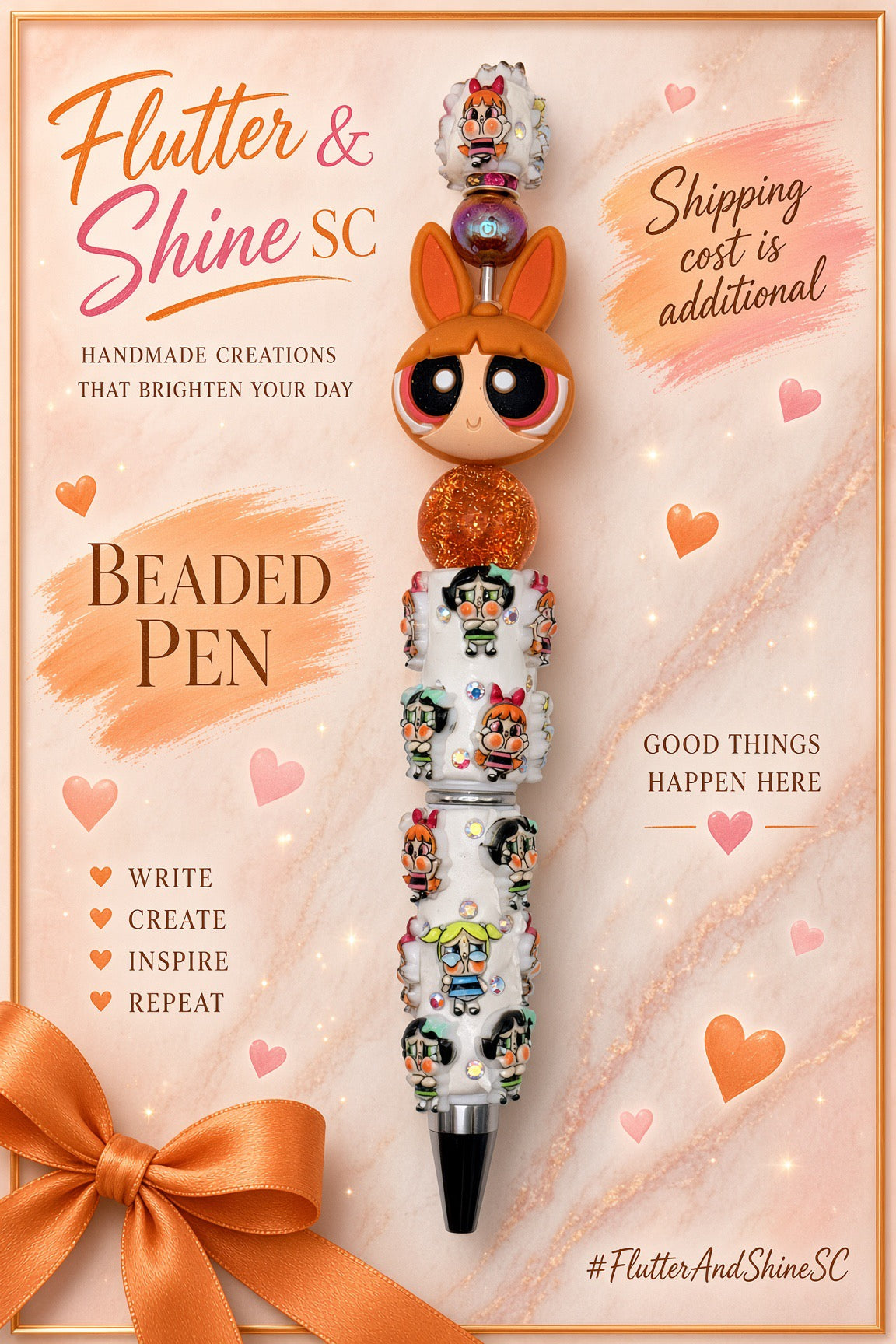 Blossom Themed beaded pen with orange bow character face, orange glitter bead, reflective round bead, white Powerpuff Girls decorated barrel, sparkling accents, and dark pointed tip.