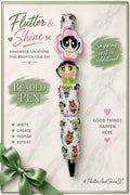 Buttercup Themed beaded pen with pink-bordered flower-shaped face accent, dimensional green-outfit Buttercup bead, white Powerpuff Girls decorated barrel, sparkling accents, and dark pointed tip.