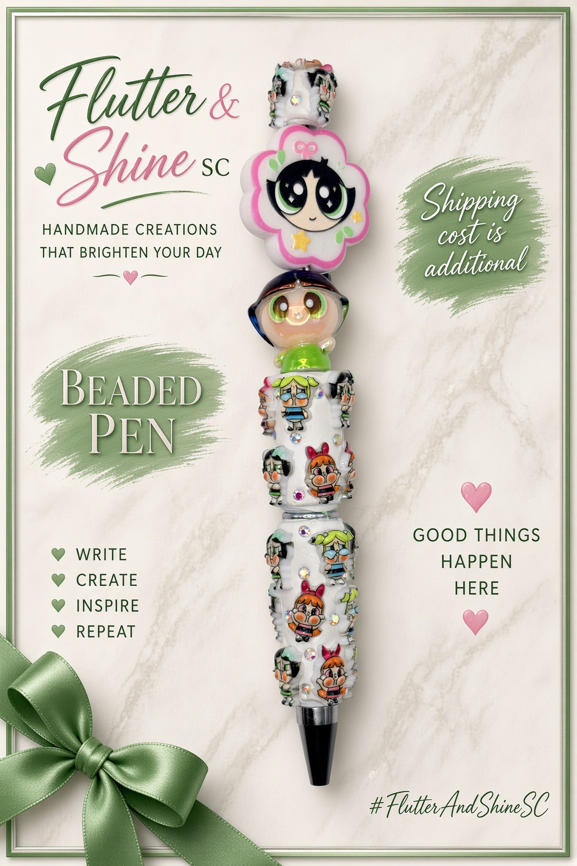 Buttercup Themed beaded pen with pink-bordered flower-shaped face accent, dimensional green-outfit Buttercup bead, white Powerpuff Girls decorated barrel, sparkling accents, and dark pointed tip.