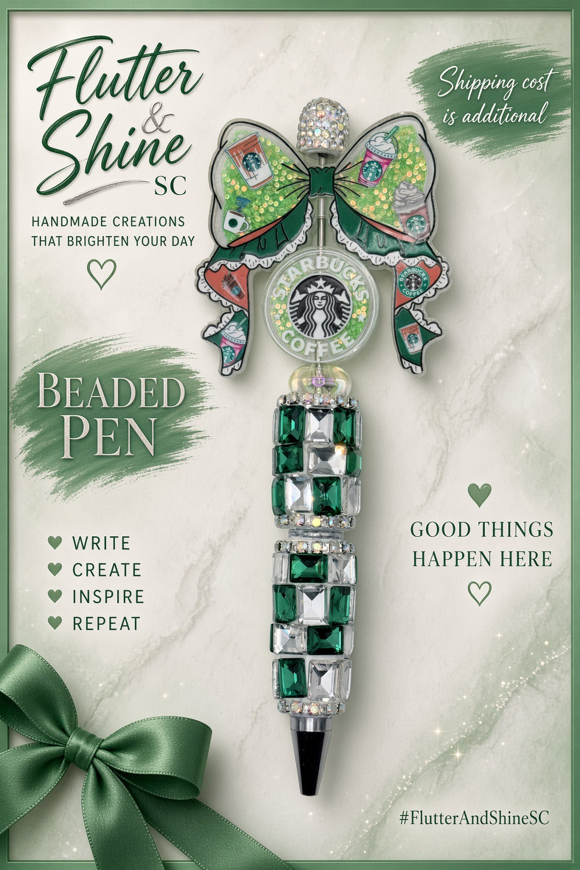 Starbucks Themed beaded pen with green and pink coffee-print bow, round logo accent, emerald-green and clear rectangular gem-look barrel decorations, sparkling top, and dark pointed tip.