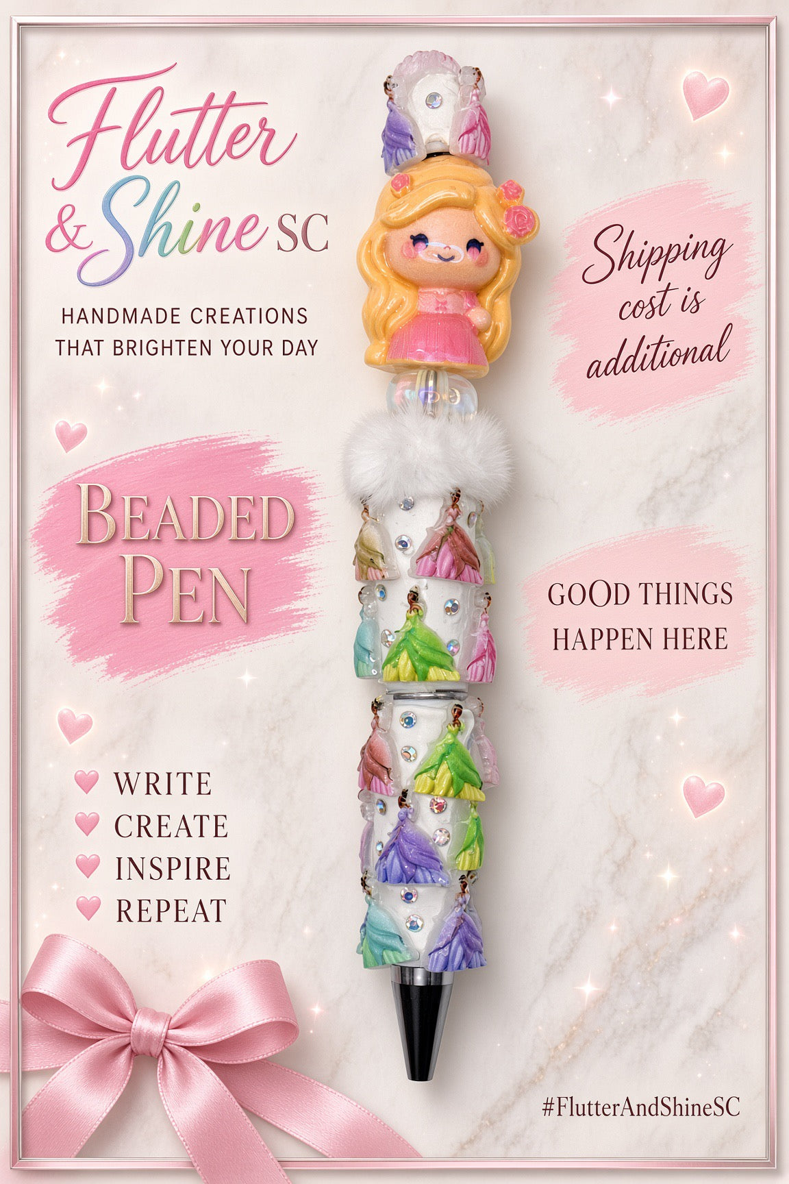 Aurora Themed beaded pen with blonde princess in a pink dress, clear round bead, fluffy-looking white accent, white pastel-princess decorated barrel, sparkling details, and dark pointed tip.