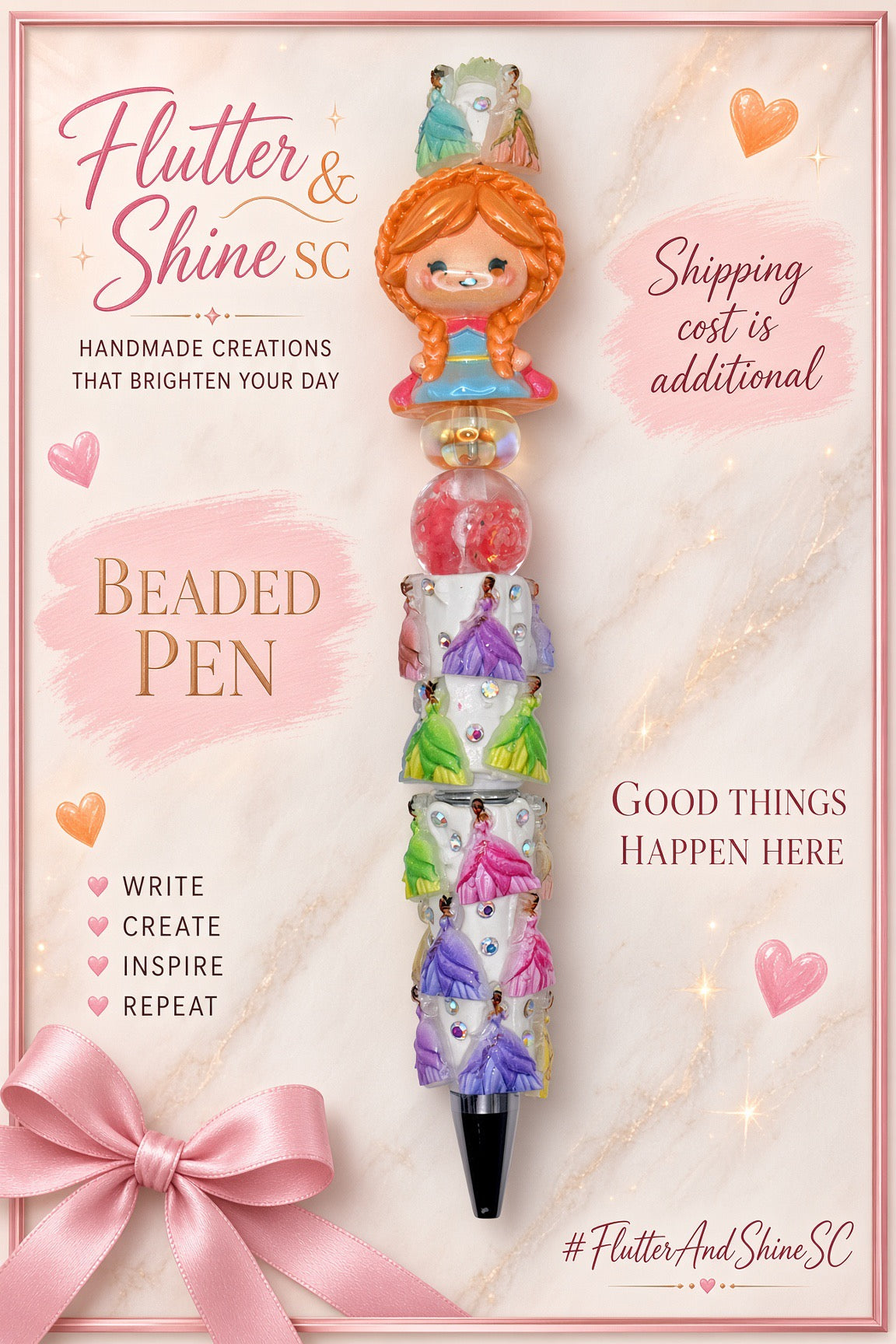 Anna Themed beaded pen with orange-braided princess accent in blue and pink, clear reflective bead, pink decorative bead, white pastel-princess barrel, sparkling details, and dark pointed tip.