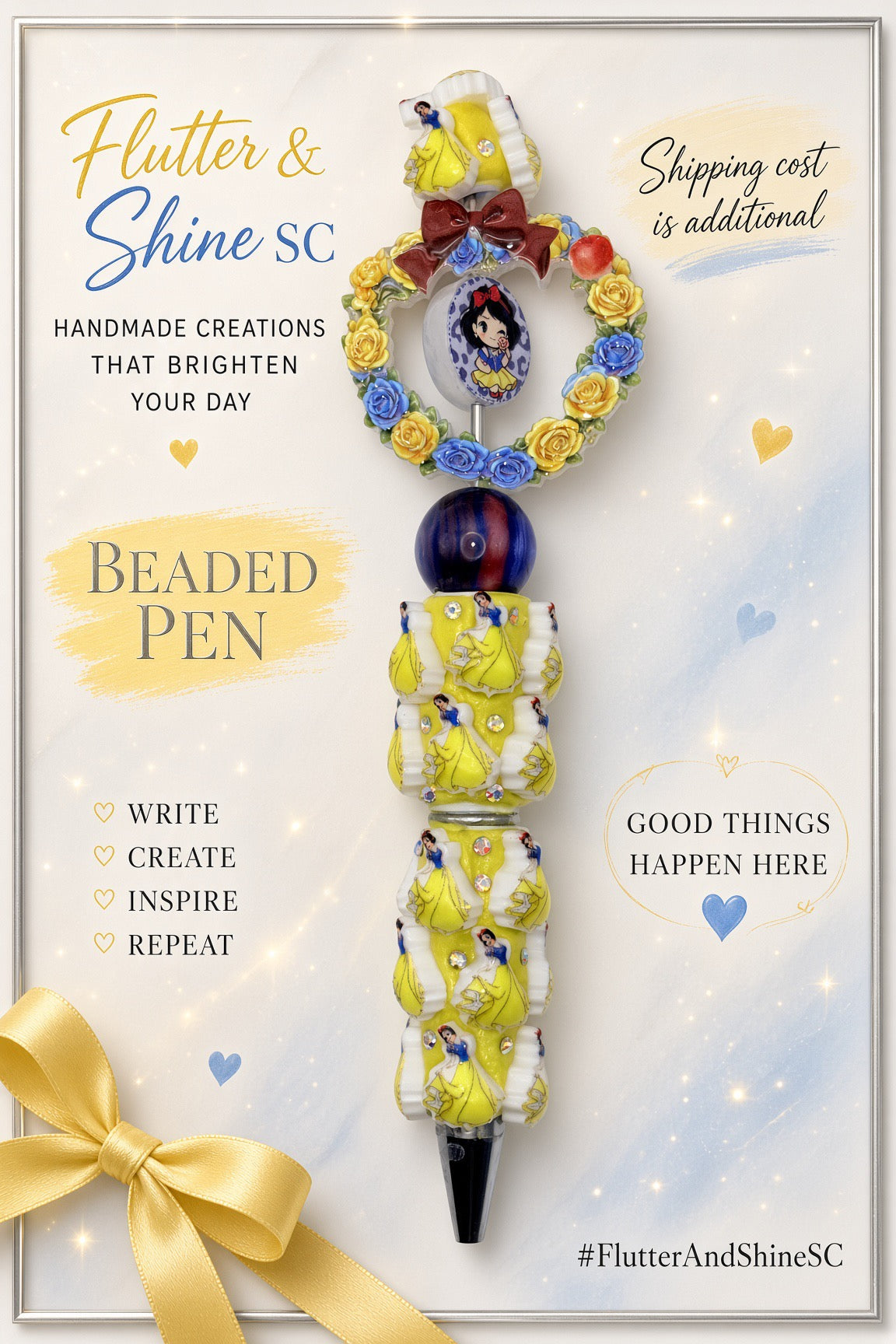 Snow White Themed beaded pen with yellow-and-blue rose heart accent, deep-red bow, oval character detail, dark blue swirled bead, yellow-and-white character barrel, and dark pointed tip.