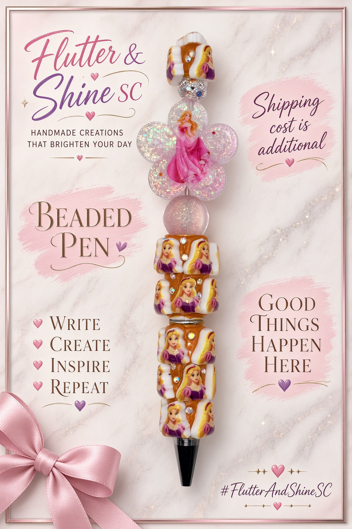Mixed Rapunzel and Aurora themed beaded pen with Rapunzel-decorated barrel, clear glitter flower featuring Aurora in pink, pale-pink round bead, sparkling spacer, and dark pointed tip.