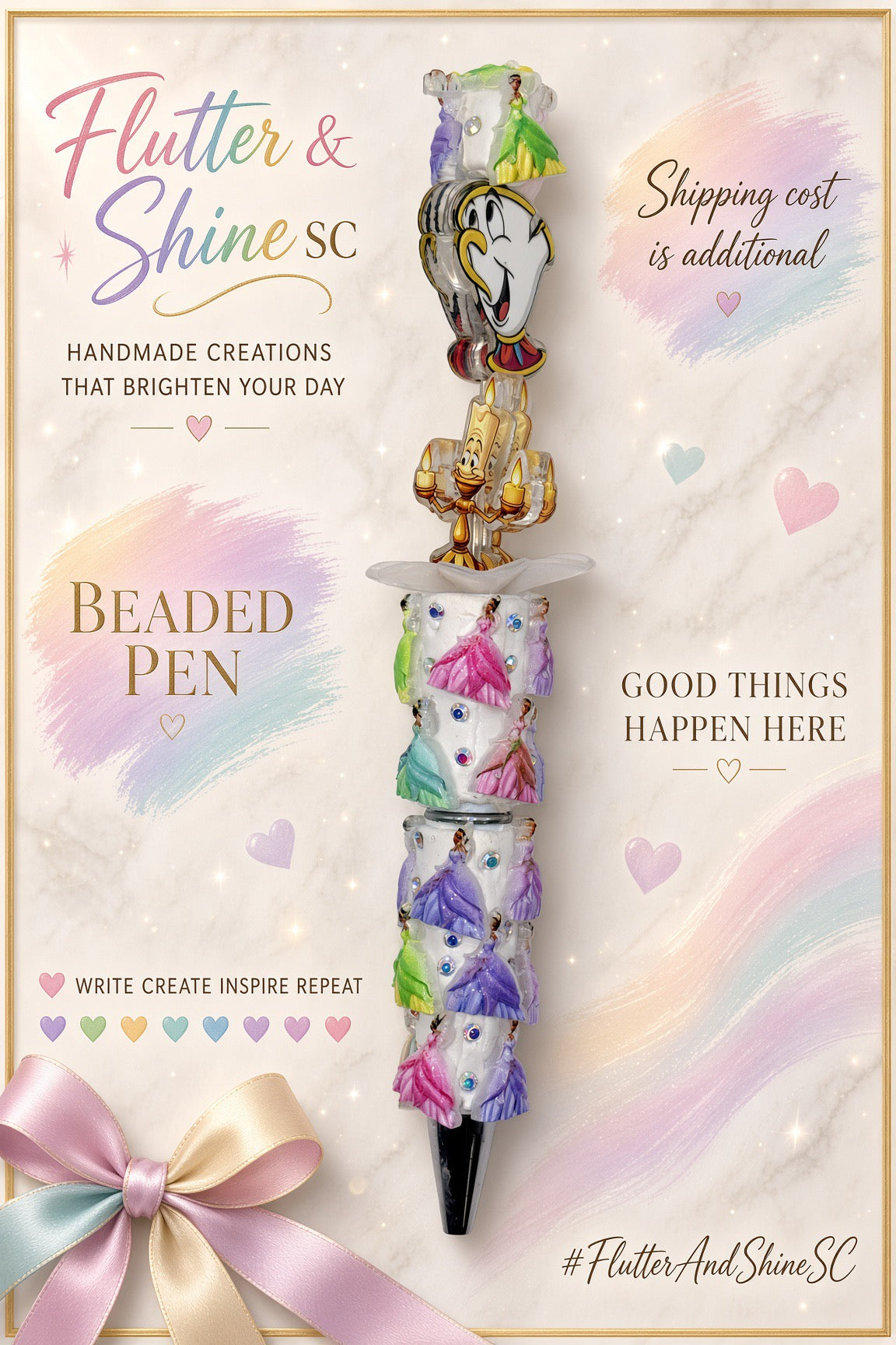 Lumiere and Chip themed beaded pen with smiling teacup and gold-toned candlestick character accents, white dish-shaped detail, pastel princess-decorated barrel, sparkling accents, and dark pointed tip.