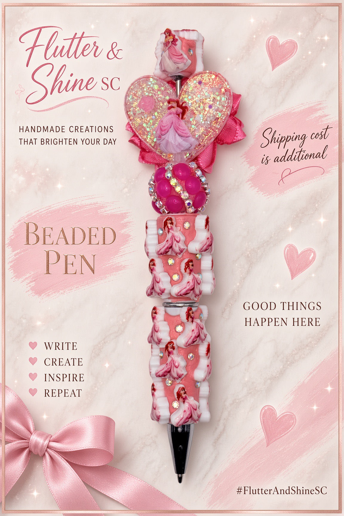 Ariel Themed pink beaded pen with clear glitter heart featuring Ariel in a pink dress, bright pink bow, sparkling pink bead, pink-and-white character barrel, and dark pointed tip.