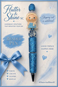 Elsa Themed beaded pen with blonde braided character in a blue dress, clear snowflake-patterned bead, blue sparkling barrel and top, silver-toned trim, and dark pointed tip.