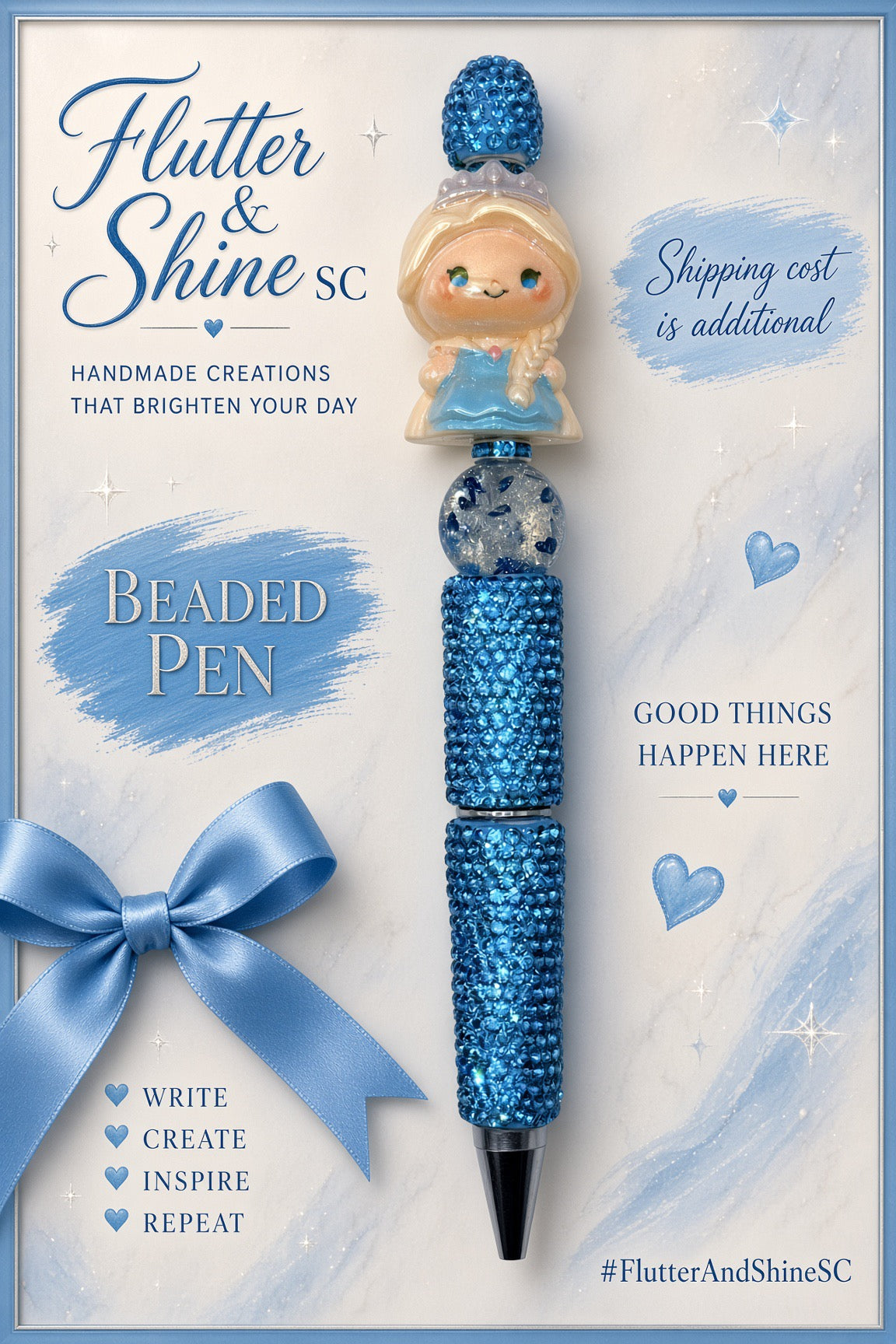 Elsa Themed beaded pen with blonde braided character in a blue dress, clear snowflake-patterned bead, blue sparkling barrel and top, silver-toned trim, and dark pointed tip.