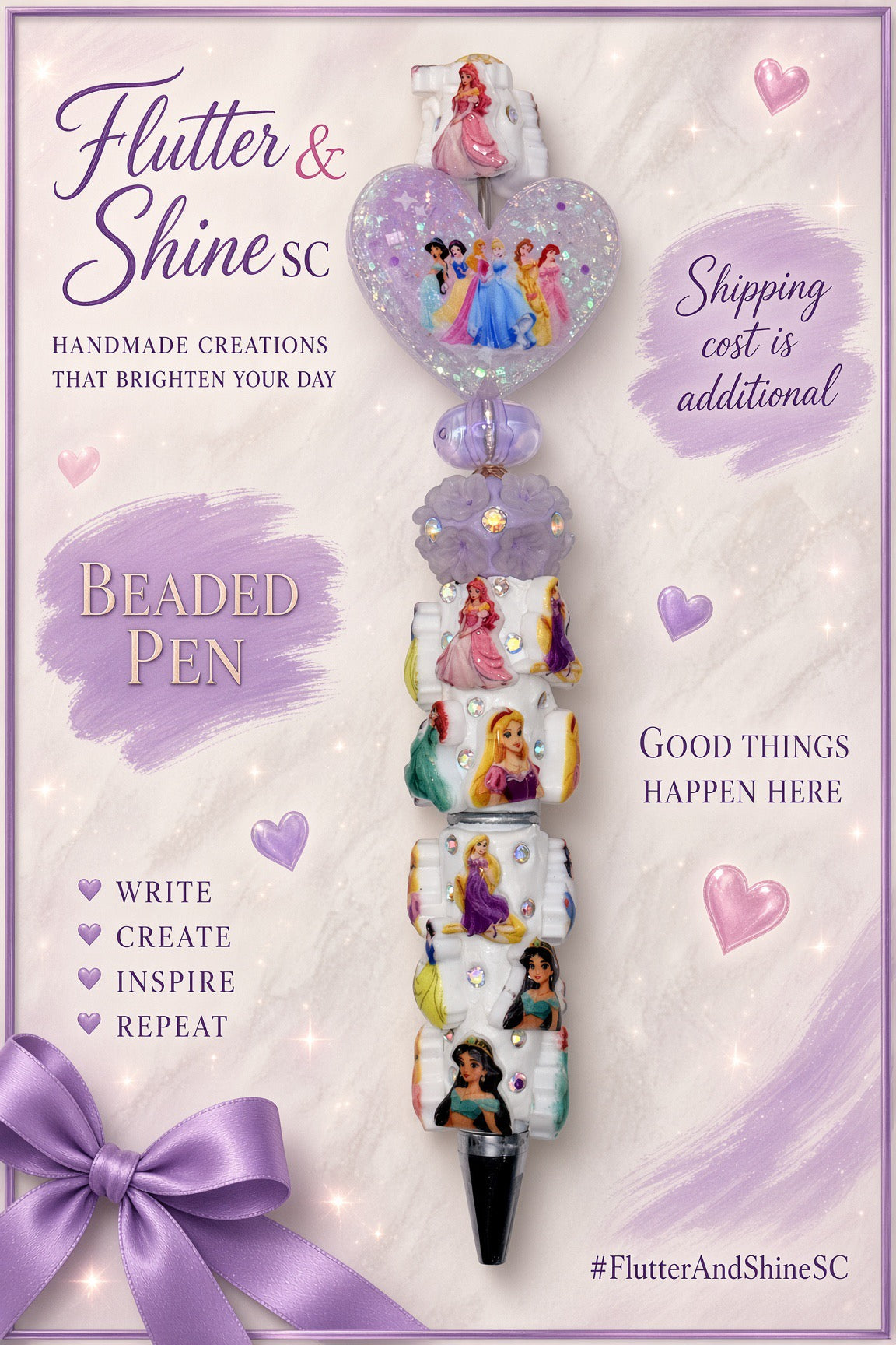 Disney Princess Themed beaded pen with lavender glitter heart featuring princesses, lavender decorative beads, white mixed-princess barrel, sparkling accents, and dark pointed tip.