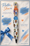 Nami Themed beaded pen with orange-haired character in blue, blue glitter round bead, orange sparkling spacer, white One Piece character-decorated barrel, and dark pointed tip.