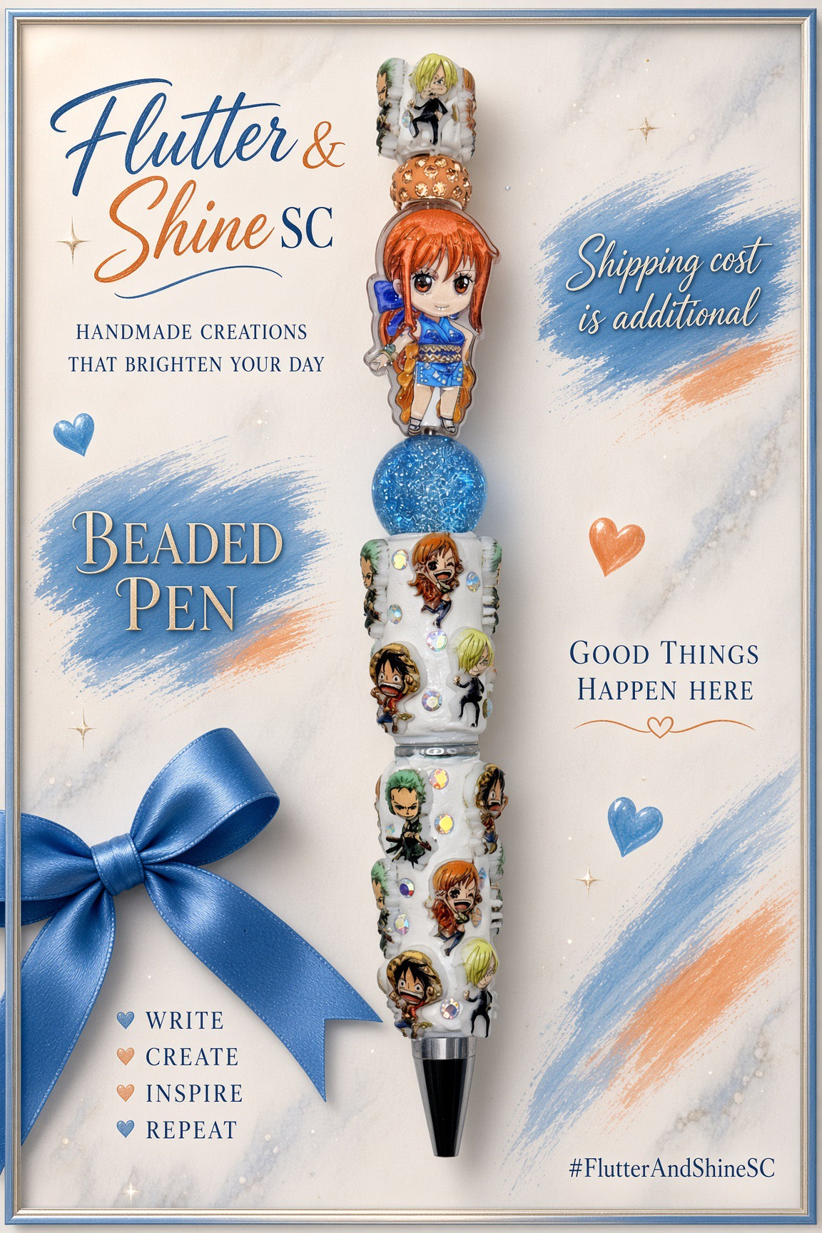 Nami Themed beaded pen with orange-haired character in blue, blue glitter round bead, orange sparkling spacer, white One Piece character-decorated barrel, and dark pointed tip.