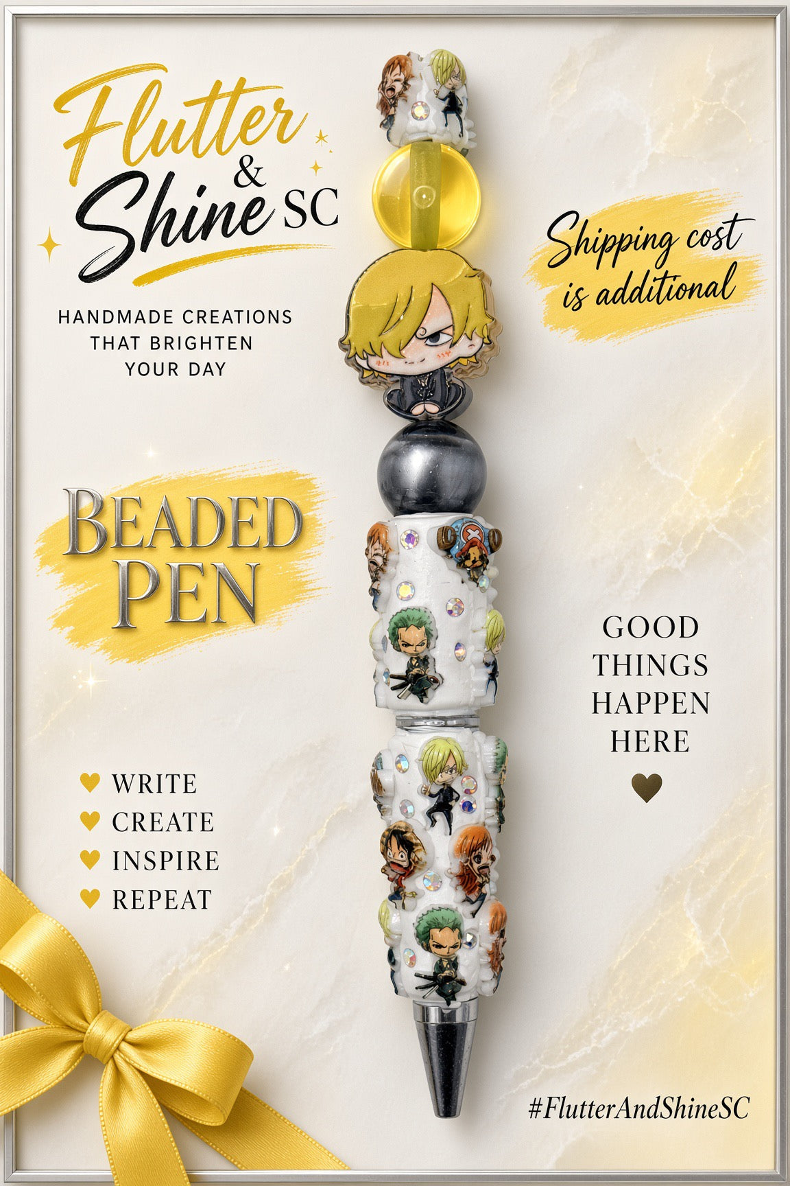Sanji Themed beaded pen with blonde character in black, translucent yellow bead, black-and-gray swirled bead, white One Piece character-decorated barrel, and dark pointed tip.